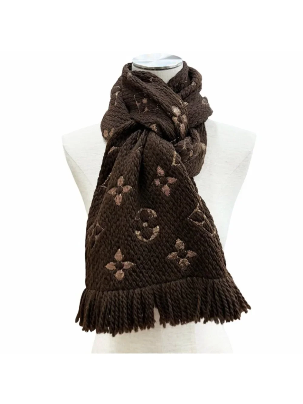 Louis Vuitton Logomania Scarf Shine Wool Silk Blend Brown Fringe